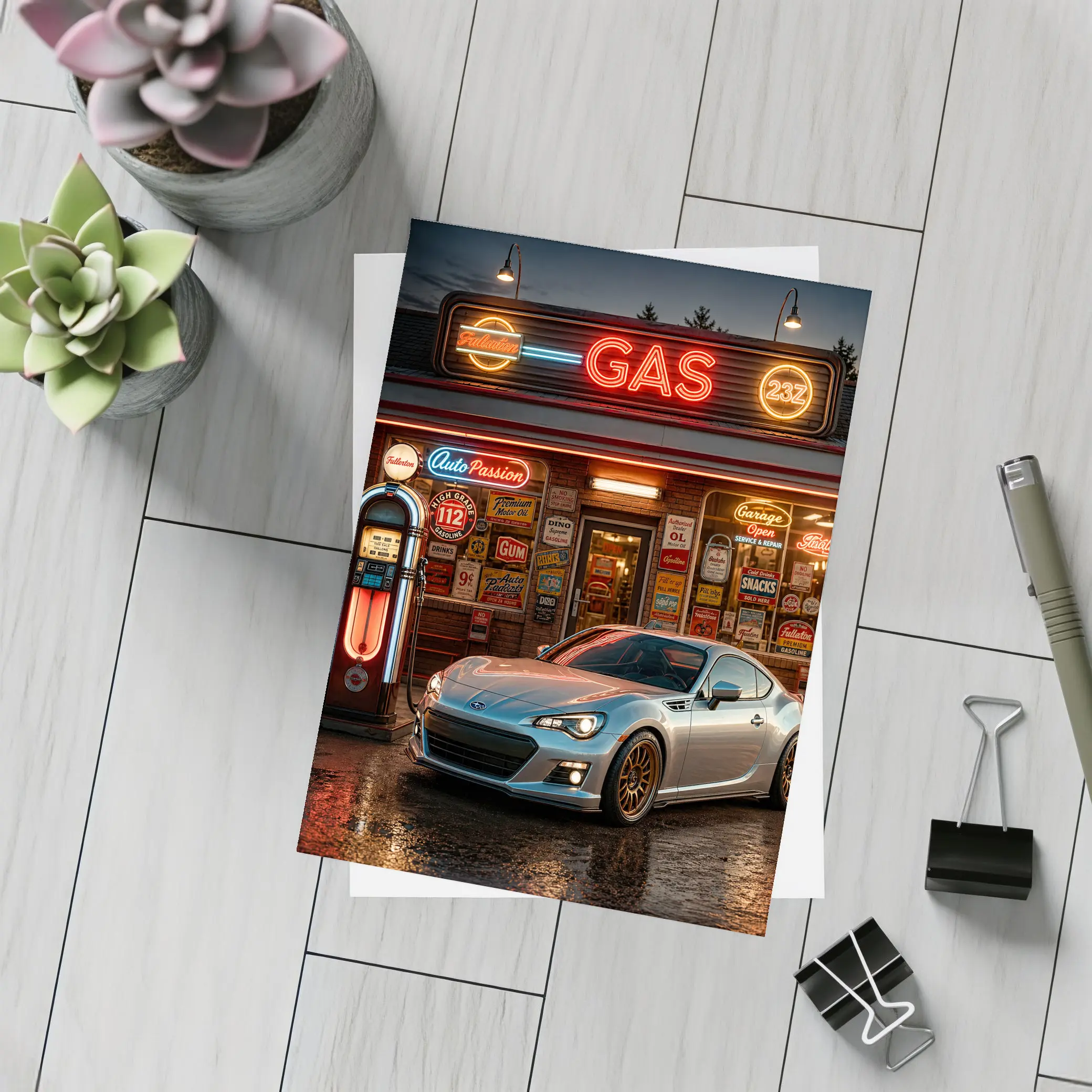 Subaru BRZ Retro Neon Gas Station Night – Postcards