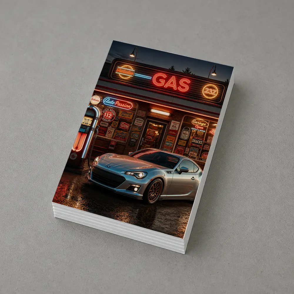 Subaru BRZ Retro Neon Gas Station Night – Postcards