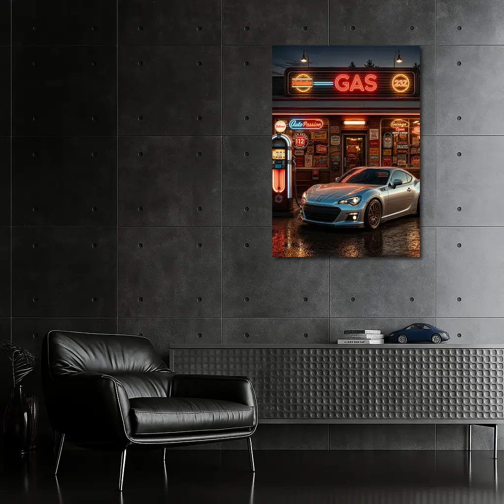 Subaru BRZ Retro Neon Gas Station Night – Wall Art