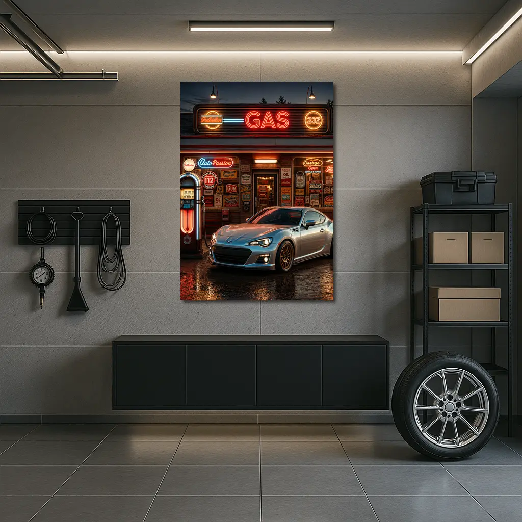 Subaru BRZ Retro Neon Gas Station Night – Wall Art