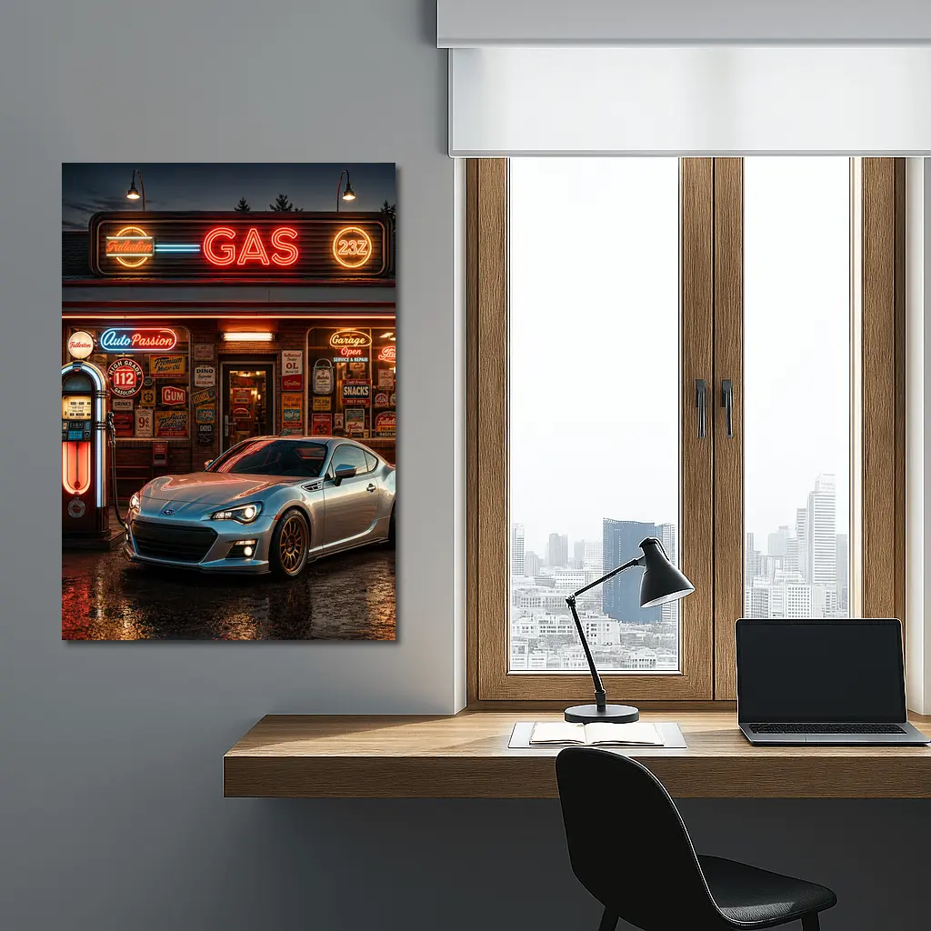 Subaru BRZ Retro Neon Gas Station Night – Wall Art