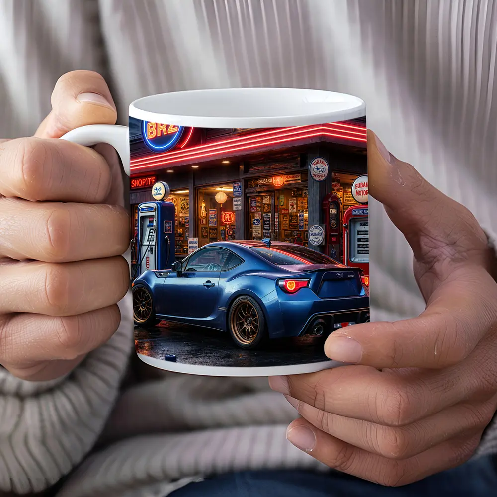 Subaru BRZ Blue Coupe Neon Gas Station – Mugs