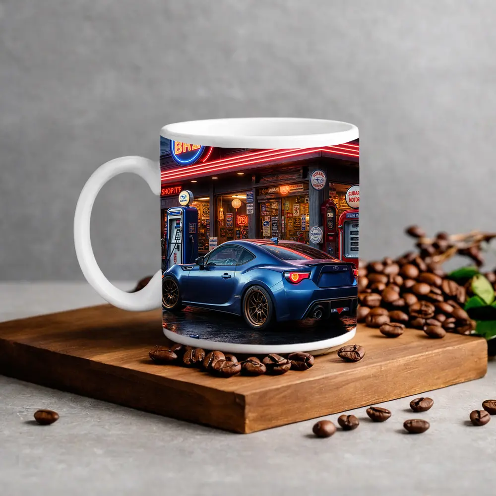 Subaru BRZ Blue Coupe Neon Gas Station – Mugs