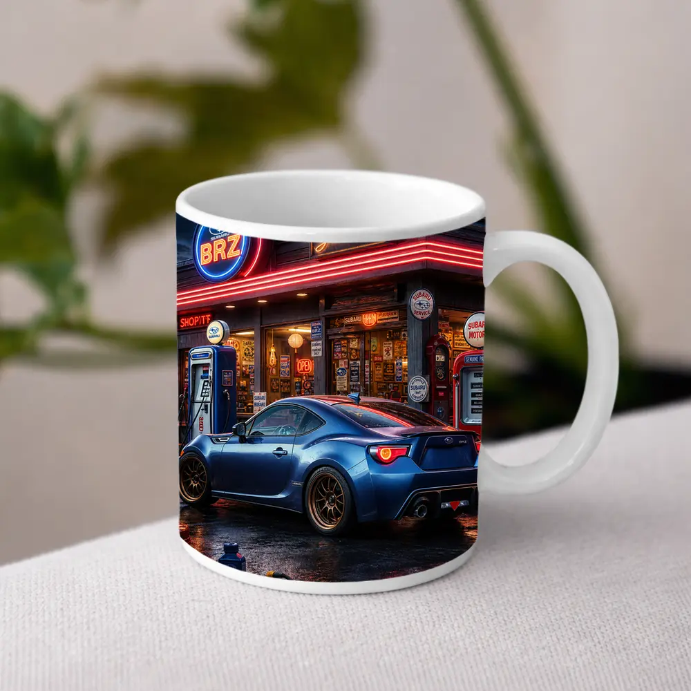 Subaru BRZ Blue Coupe Neon Gas Station – Mugs