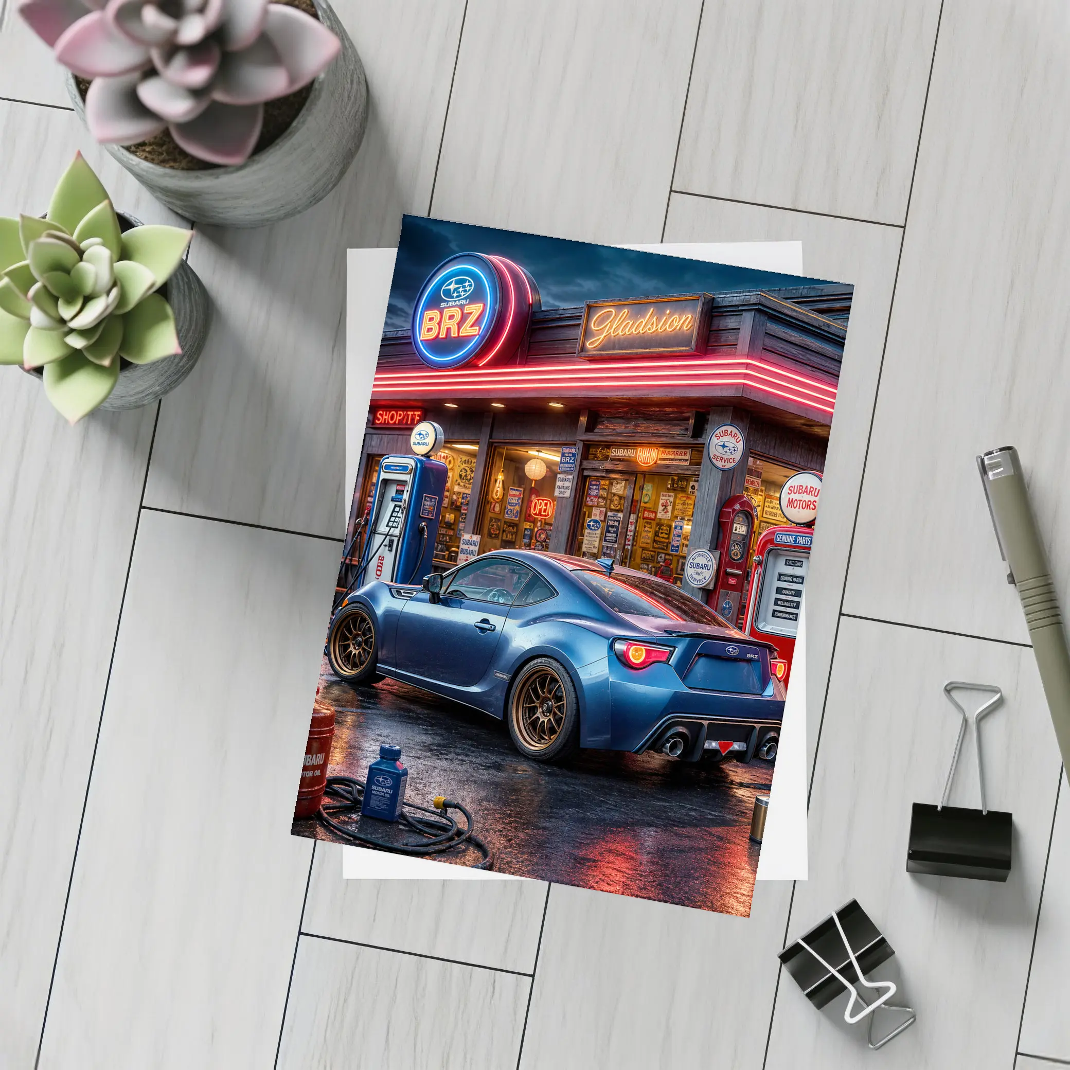 Subaru BRZ Blue Coupe Neon Gas Station – Postcards