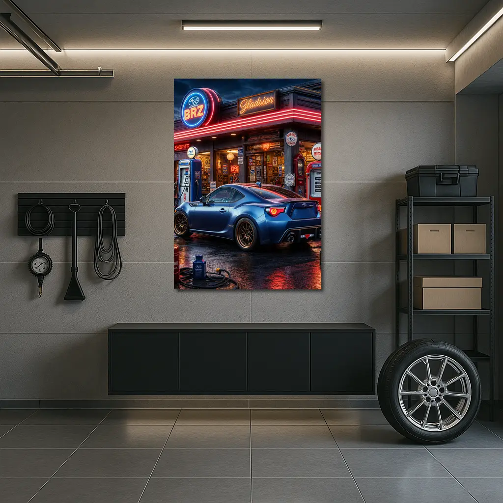 Subaru BRZ Blue Coupe Neon Gas Station – Wall Art