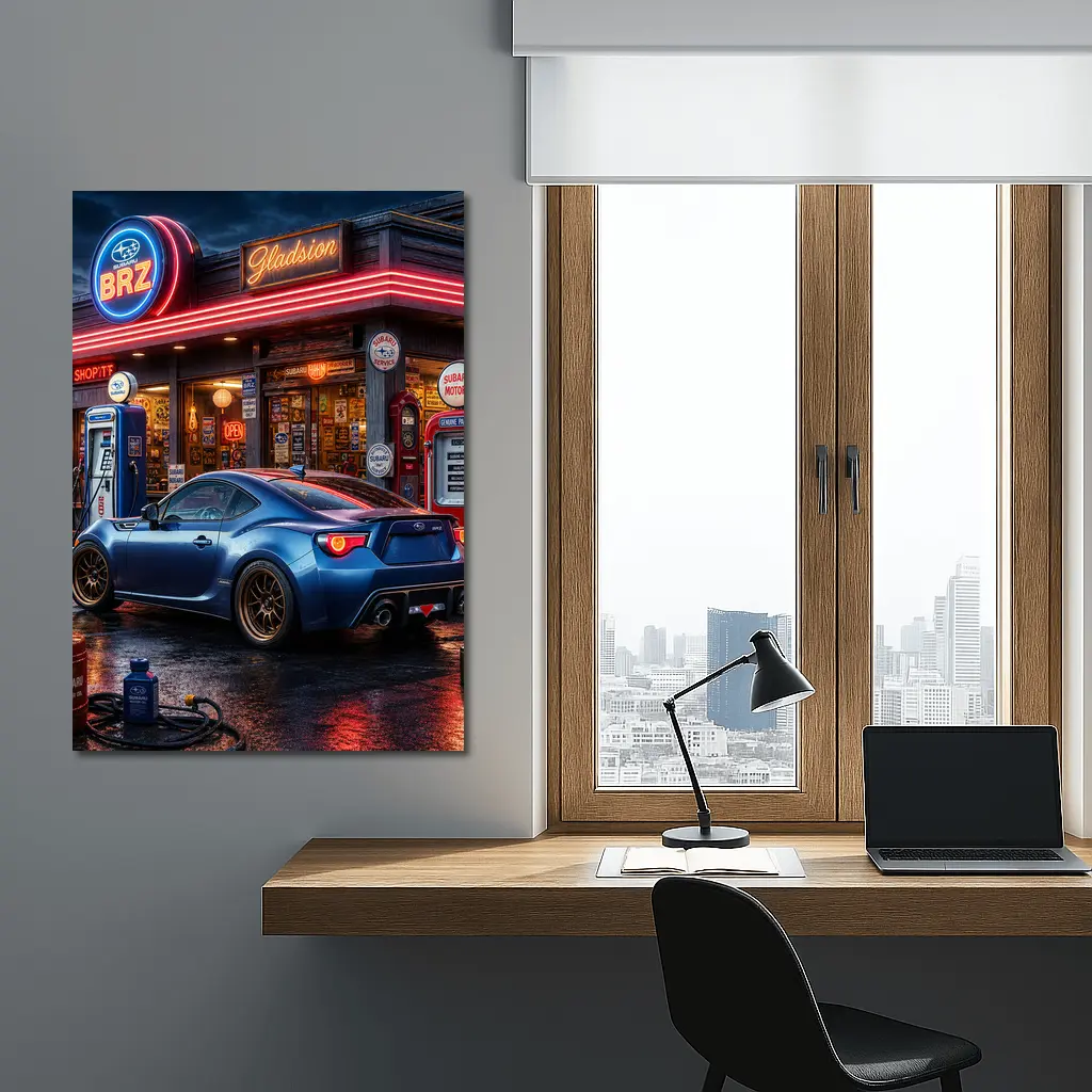 Subaru BRZ Blue Coupe Neon Gas Station – Wall Art