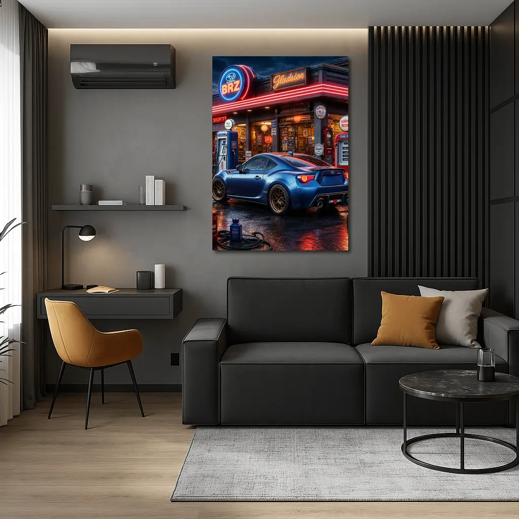 Subaru BRZ Blue Coupe Neon Gas Station – Wall Art