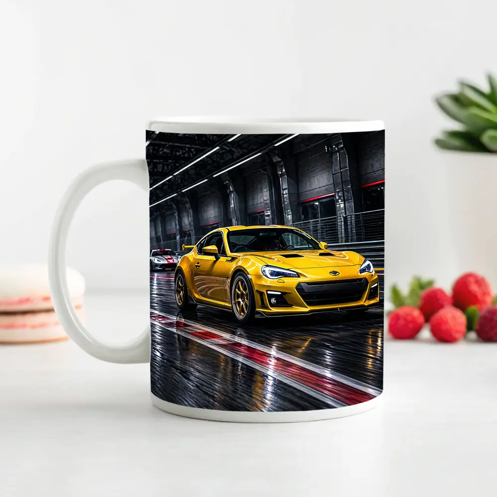 Toyota GT86 Yellow Racing on Wet Track – Mugs