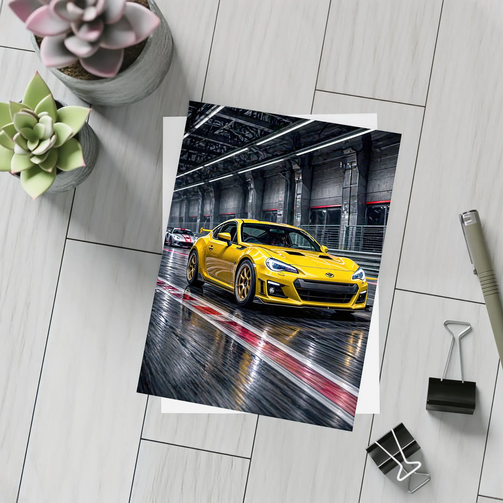 Toyota GT86 Yellow Racing on Wet Track – Postcards