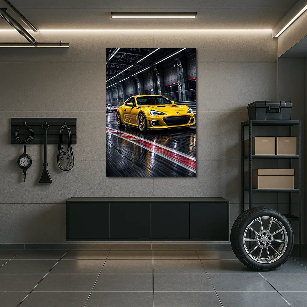 Toyota GT86 Yellow Racing on Wet Track – Wall Art