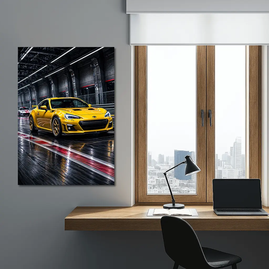 Toyota GT86 Yellow Racing on Wet Track – Wall Art