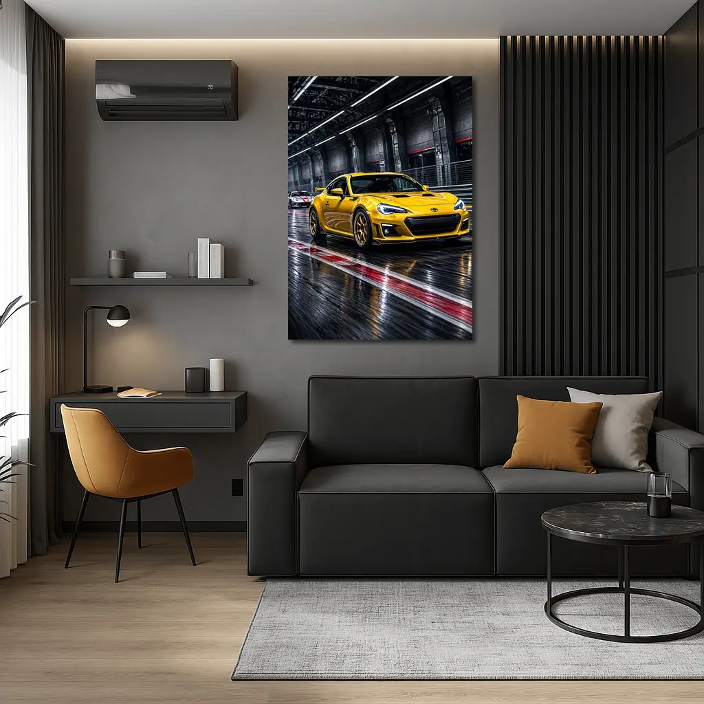 Toyota GT86 Yellow Racing on Wet Track – Wall Art