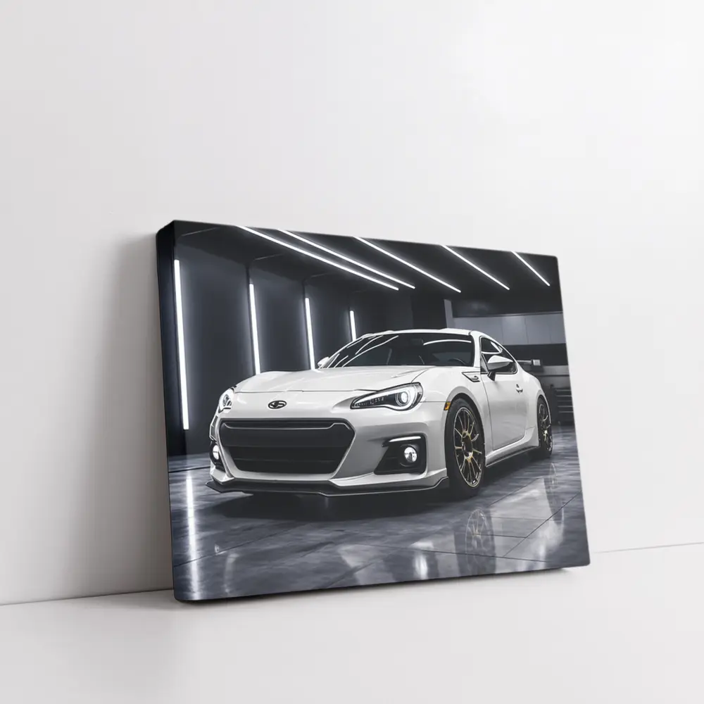 Subaru BRZ White Sports Car Garage Setting – Wall Art