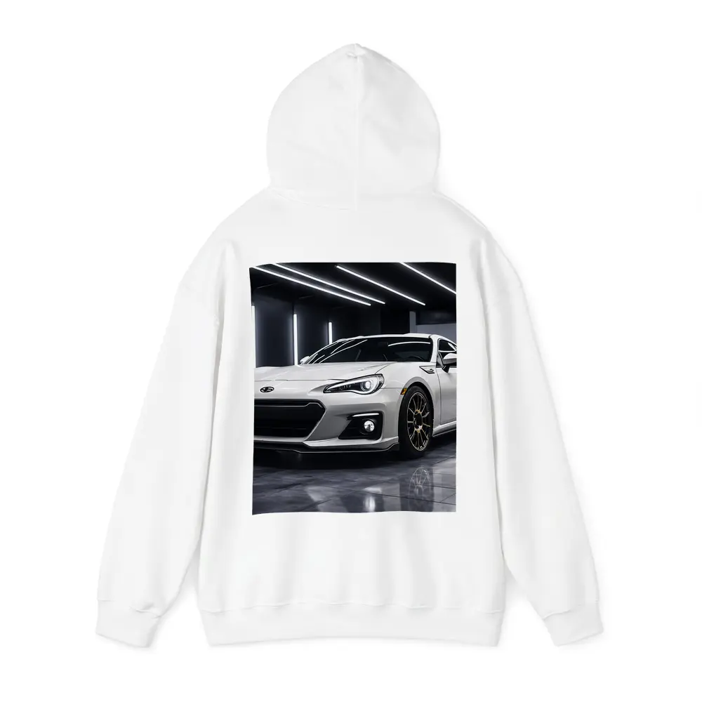 Subaru BRZ White Sports Car Garage Setting – Hoodies
