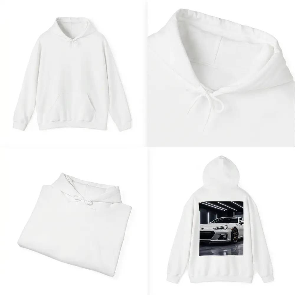 Subaru BRZ White Sports Car Garage Setting – Hoodies