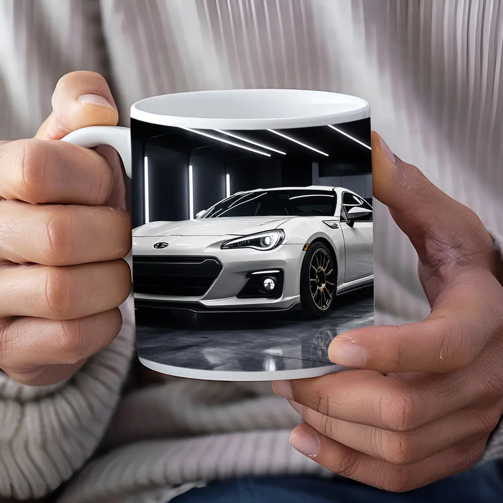 Subaru BRZ White Sports Car Garage Setting – Mugs