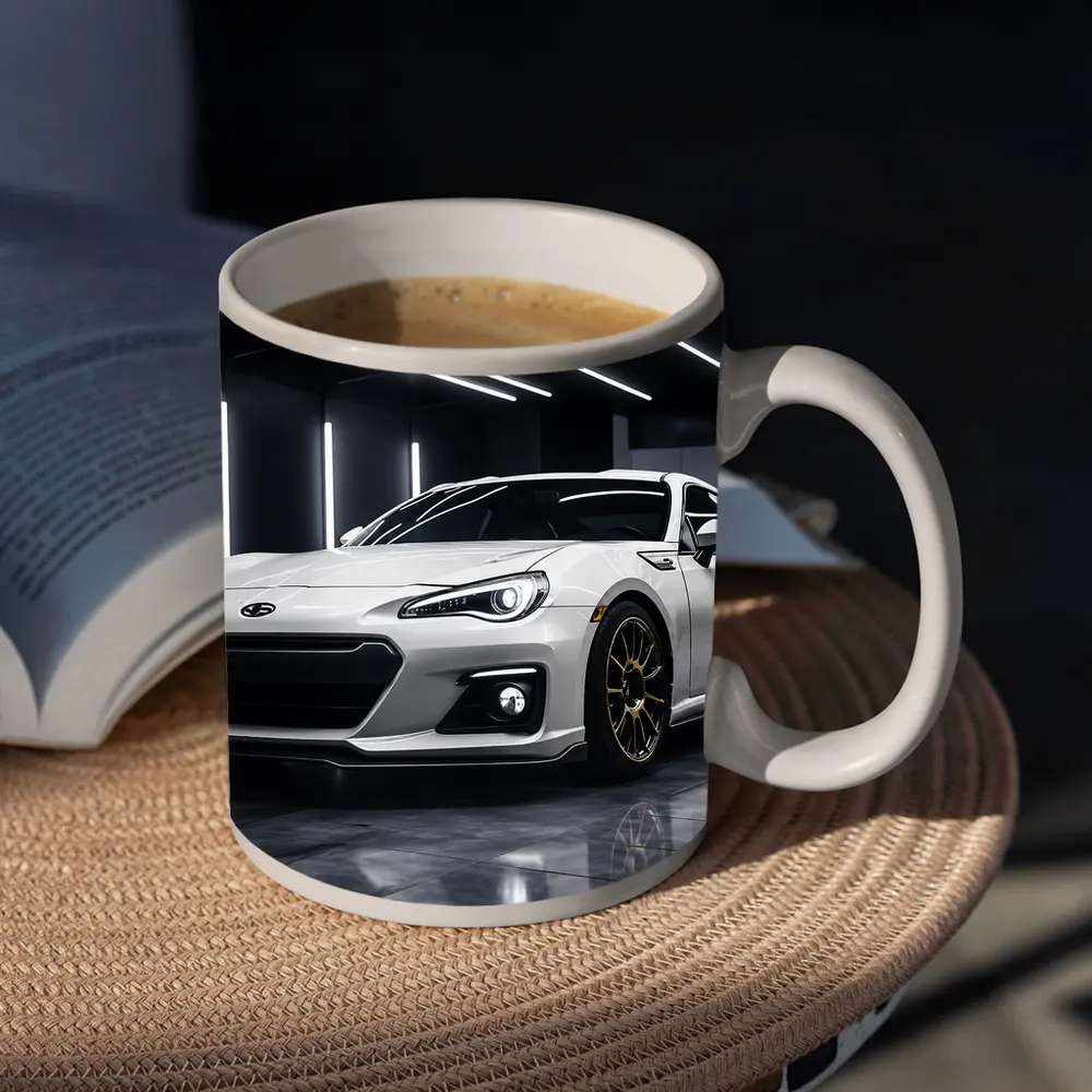 Subaru BRZ White Sports Car Garage Setting – Mugs
