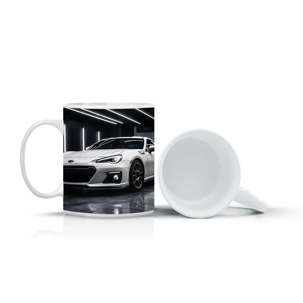 Subaru BRZ White Sports Car Garage Setting – Mugs