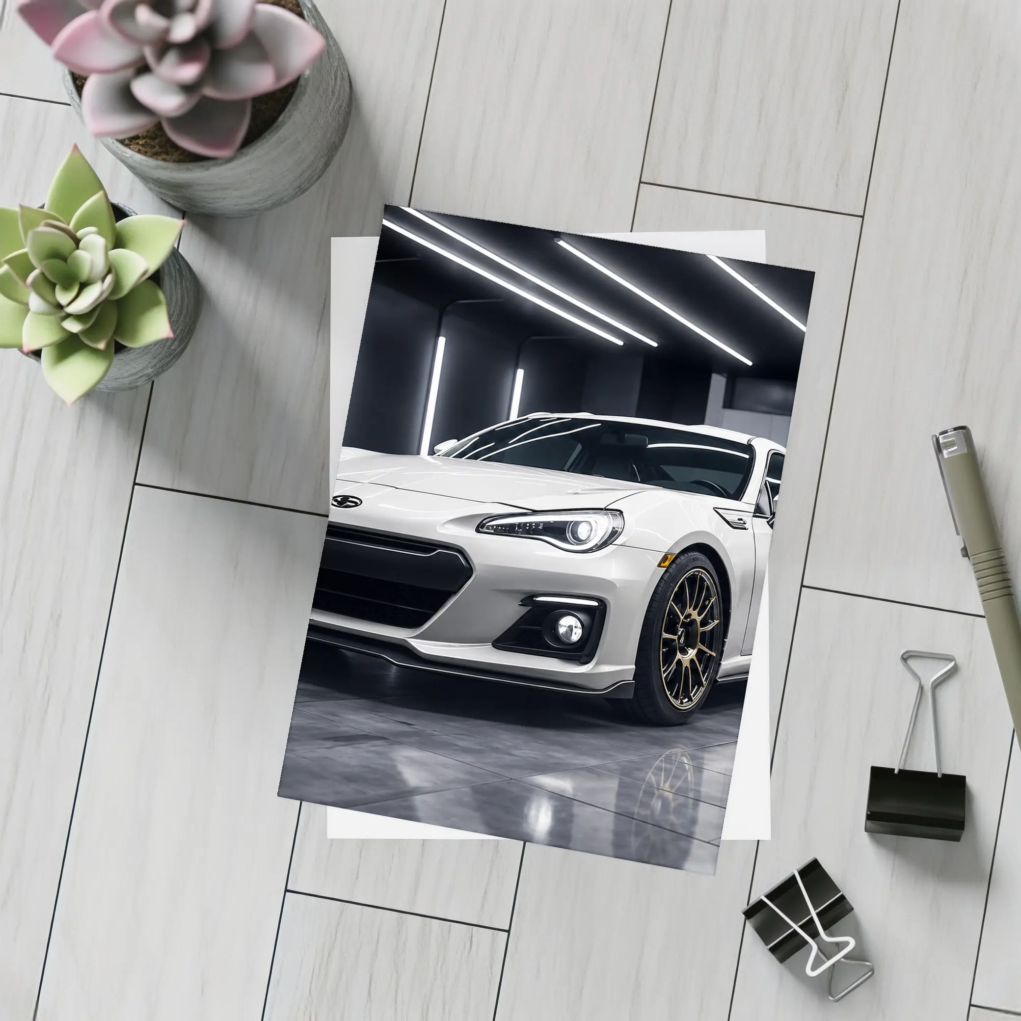 Subaru BRZ White Sports Car Garage Setting – Postcards