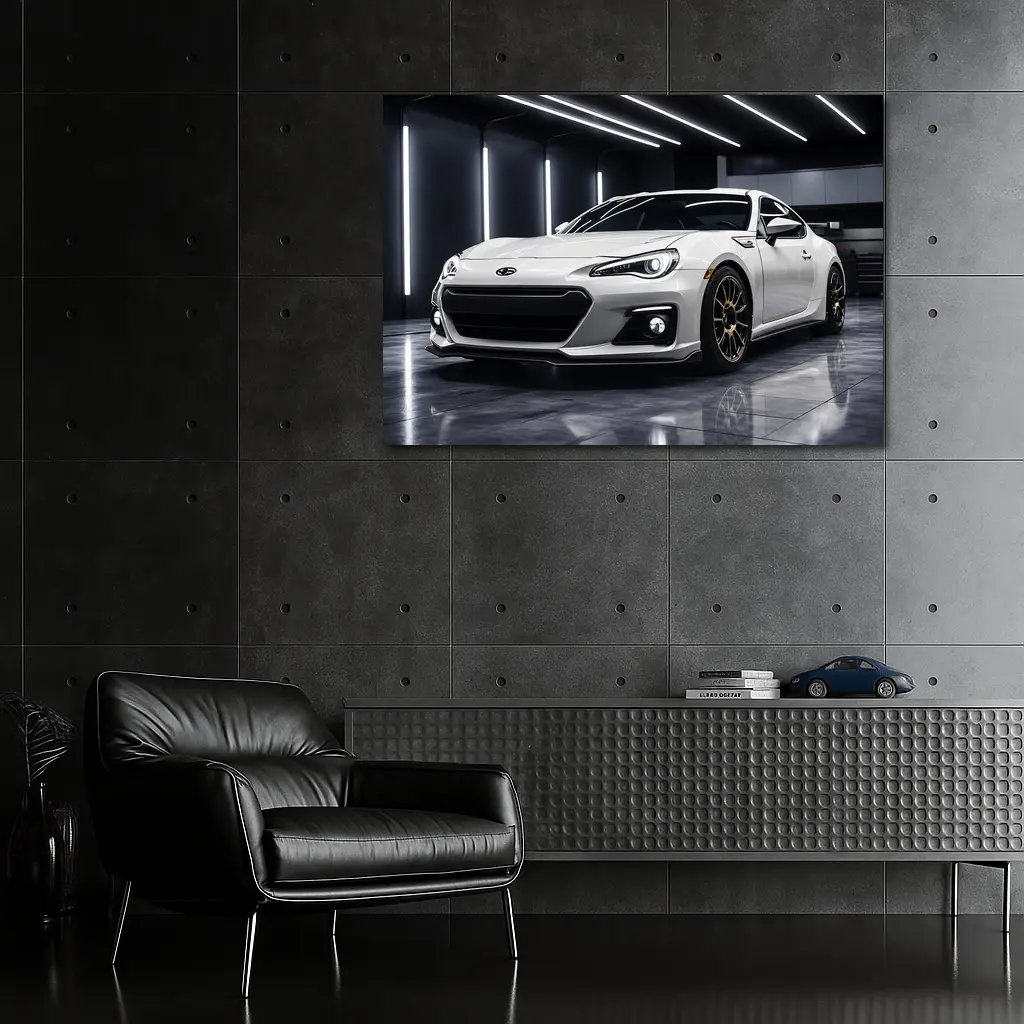Subaru BRZ White Sports Car Garage Setting – Wall Art
