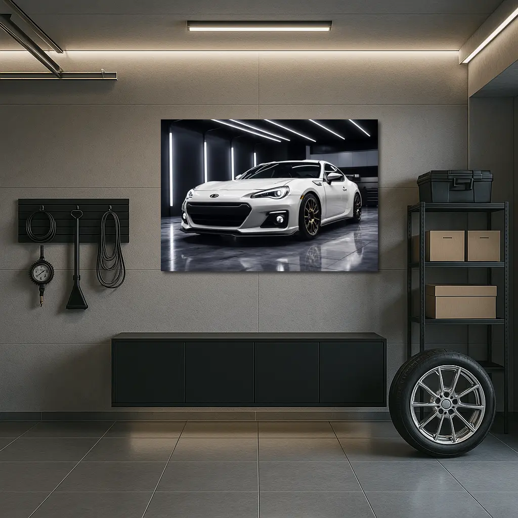 Subaru BRZ White Sports Car Garage Setting – Wall Art