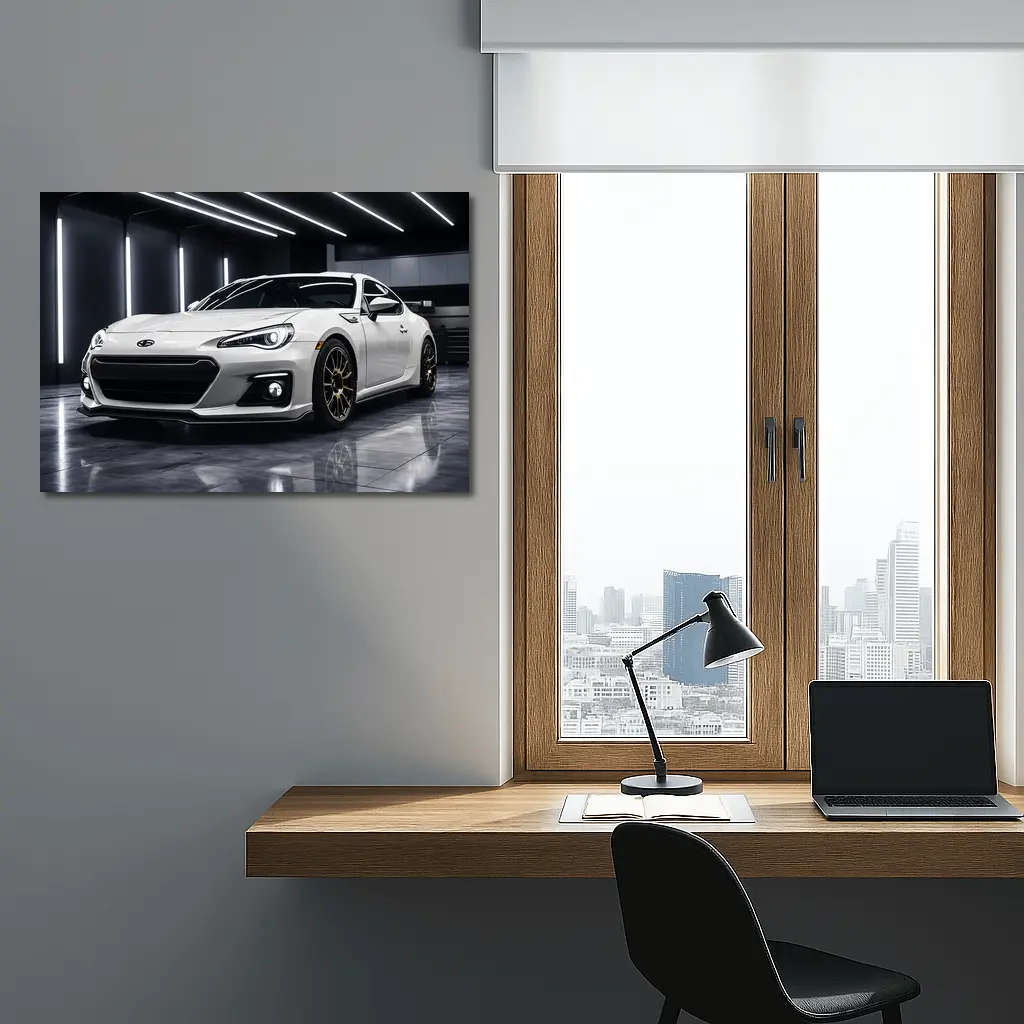 Subaru BRZ White Sports Car Garage Setting – Wall Art