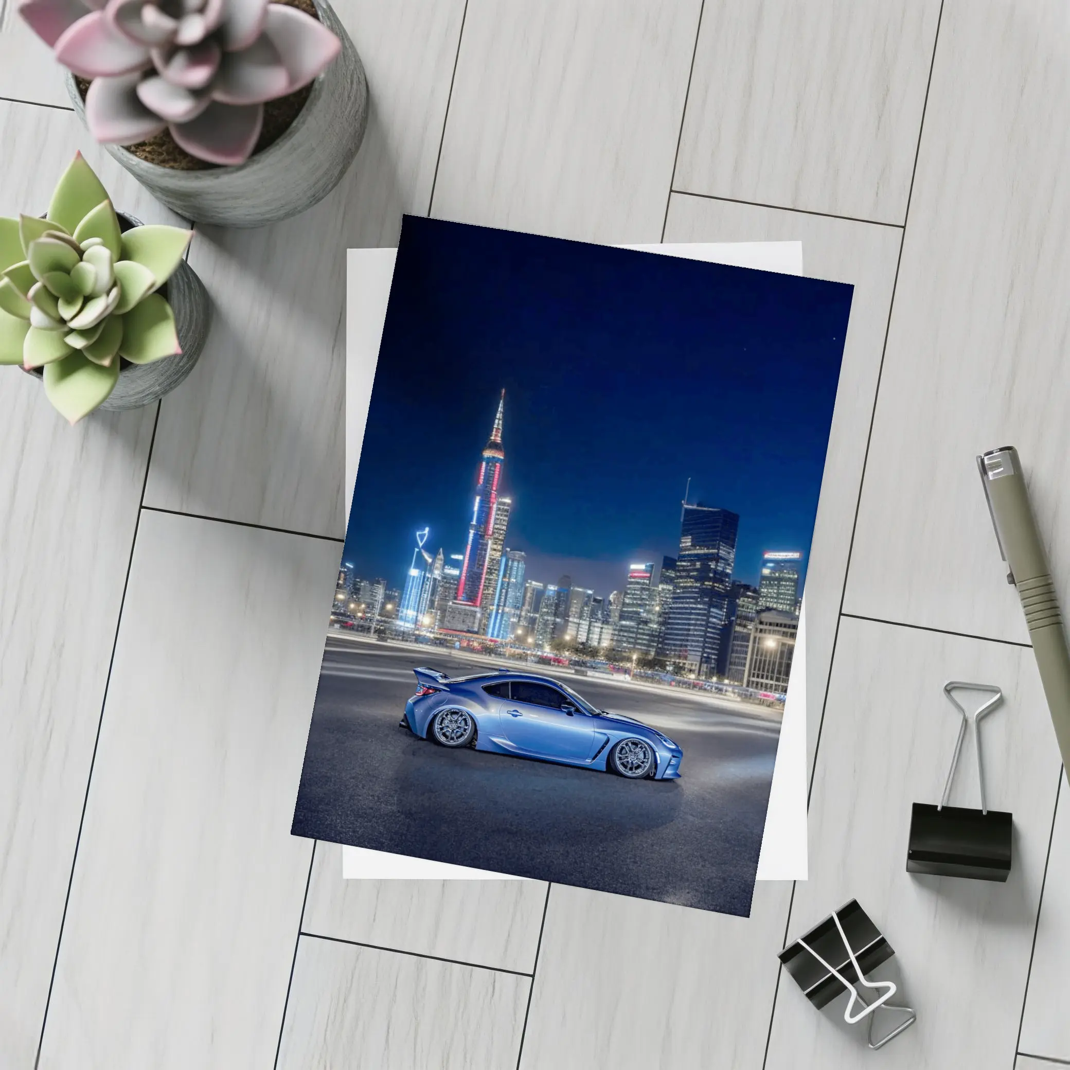 Subaru BRZ Blue Coupe Night City Skyline – Postcards
