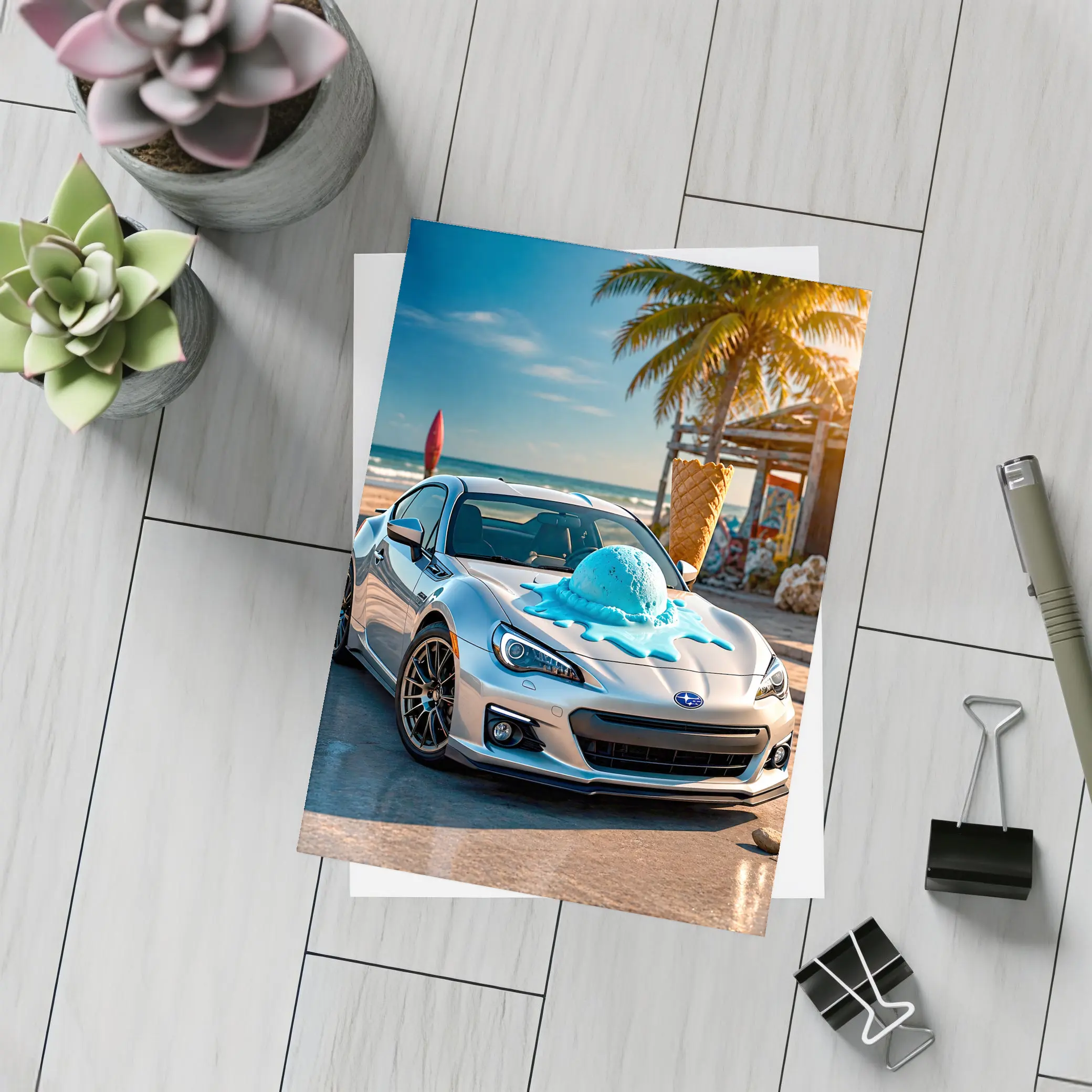 Subaru BRZ Silver Car Beach Ice Cream – Postcards