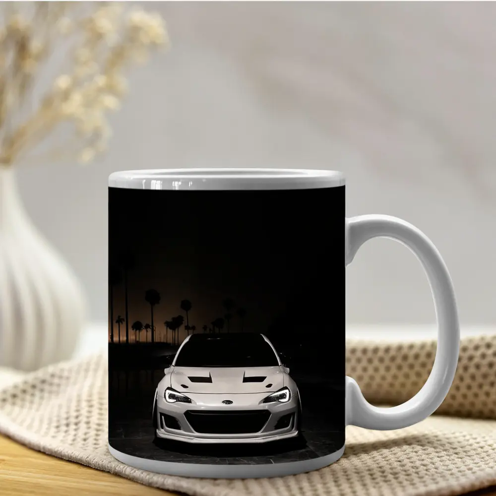 Subaru BRZ White Front Night Palm Trees – Mugs