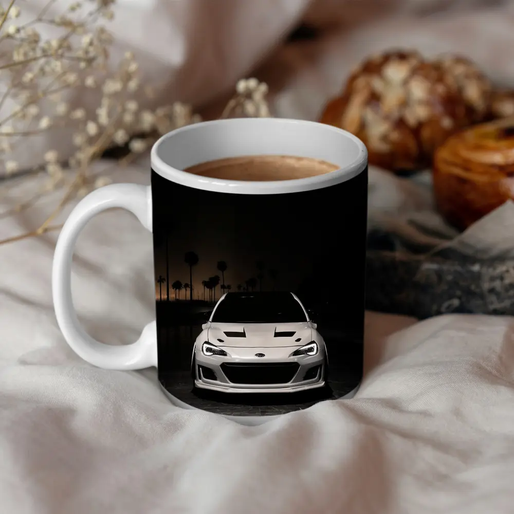 Subaru BRZ White Front Night Palm Trees – Mugs