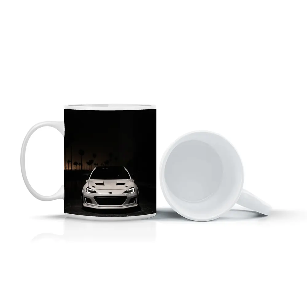 Subaru BRZ White Front Night Palm Trees – Mugs