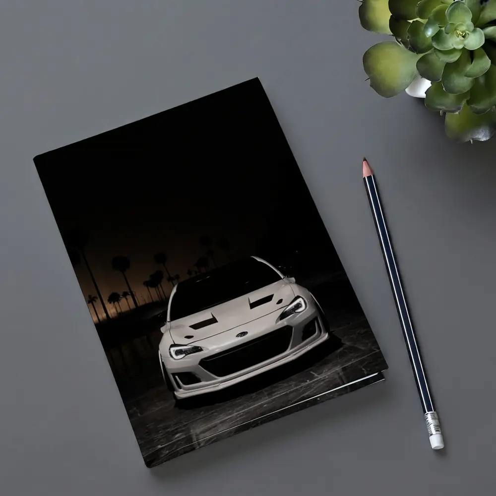 Subaru BRZ White Front Night Palm Trees – Notebooks