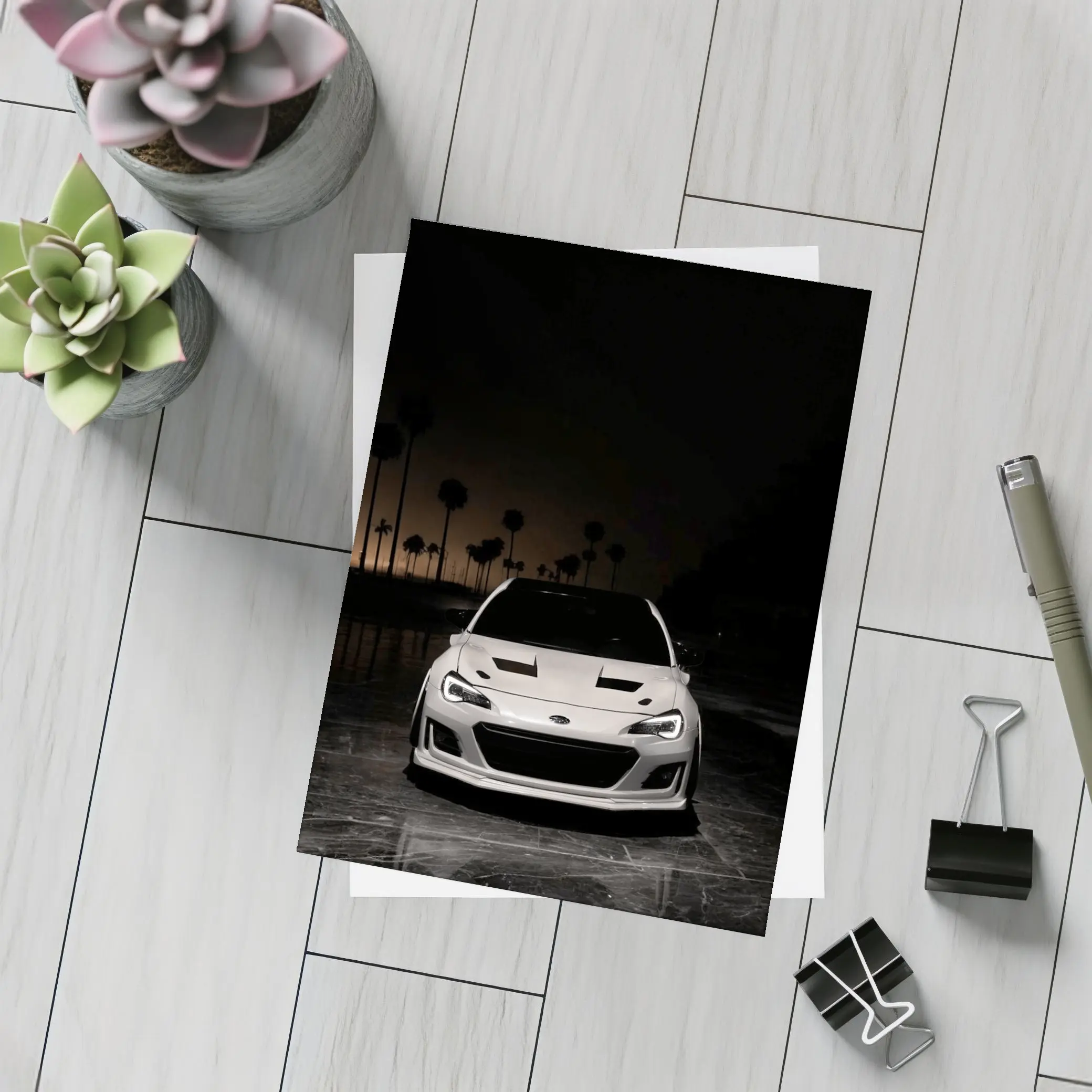 Subaru BRZ White Front Night Palm Trees – Postcards