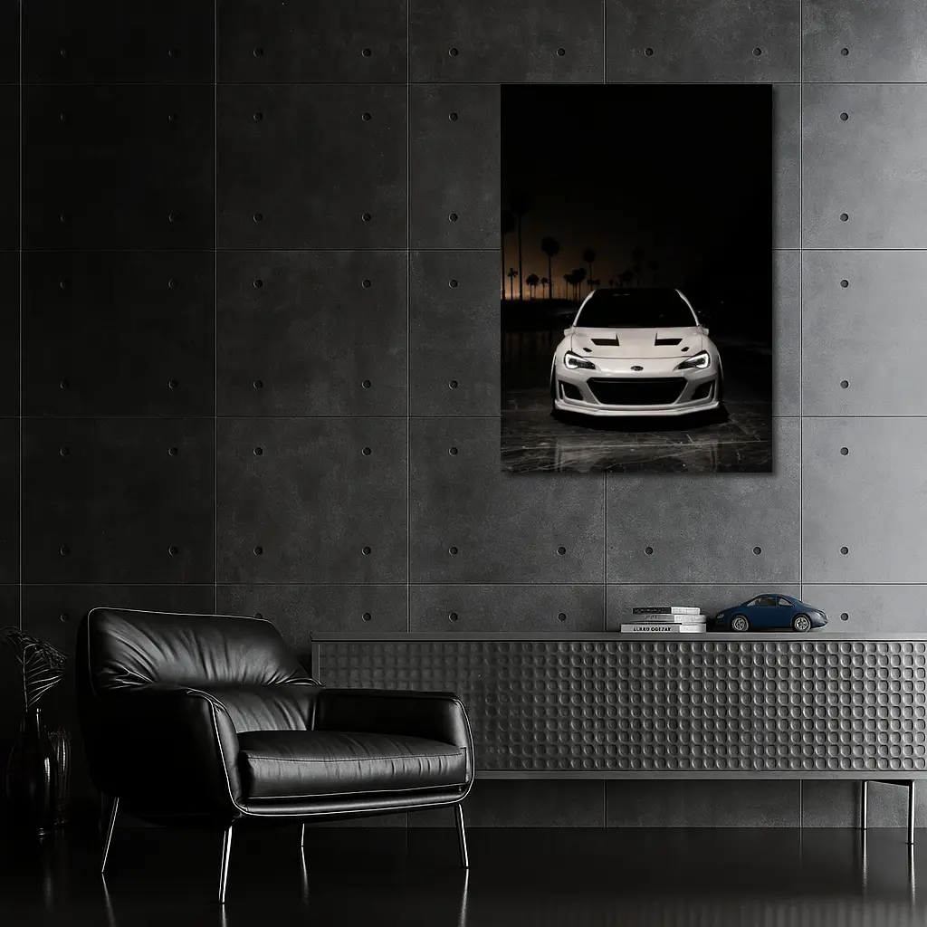 Subaru BRZ White Front Night Palm Trees – Wall Art