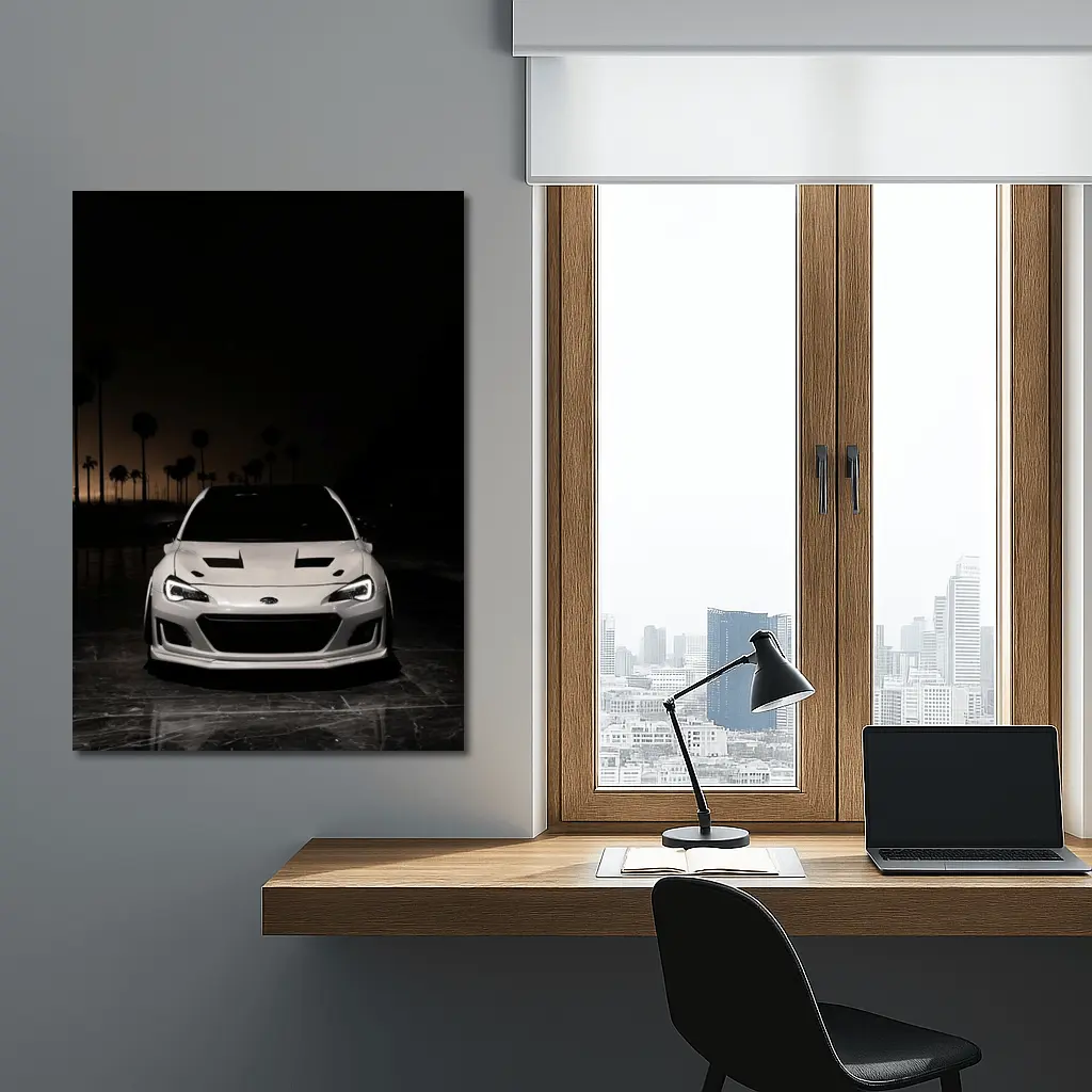 Subaru BRZ White Front Night Palm Trees – Wall Art