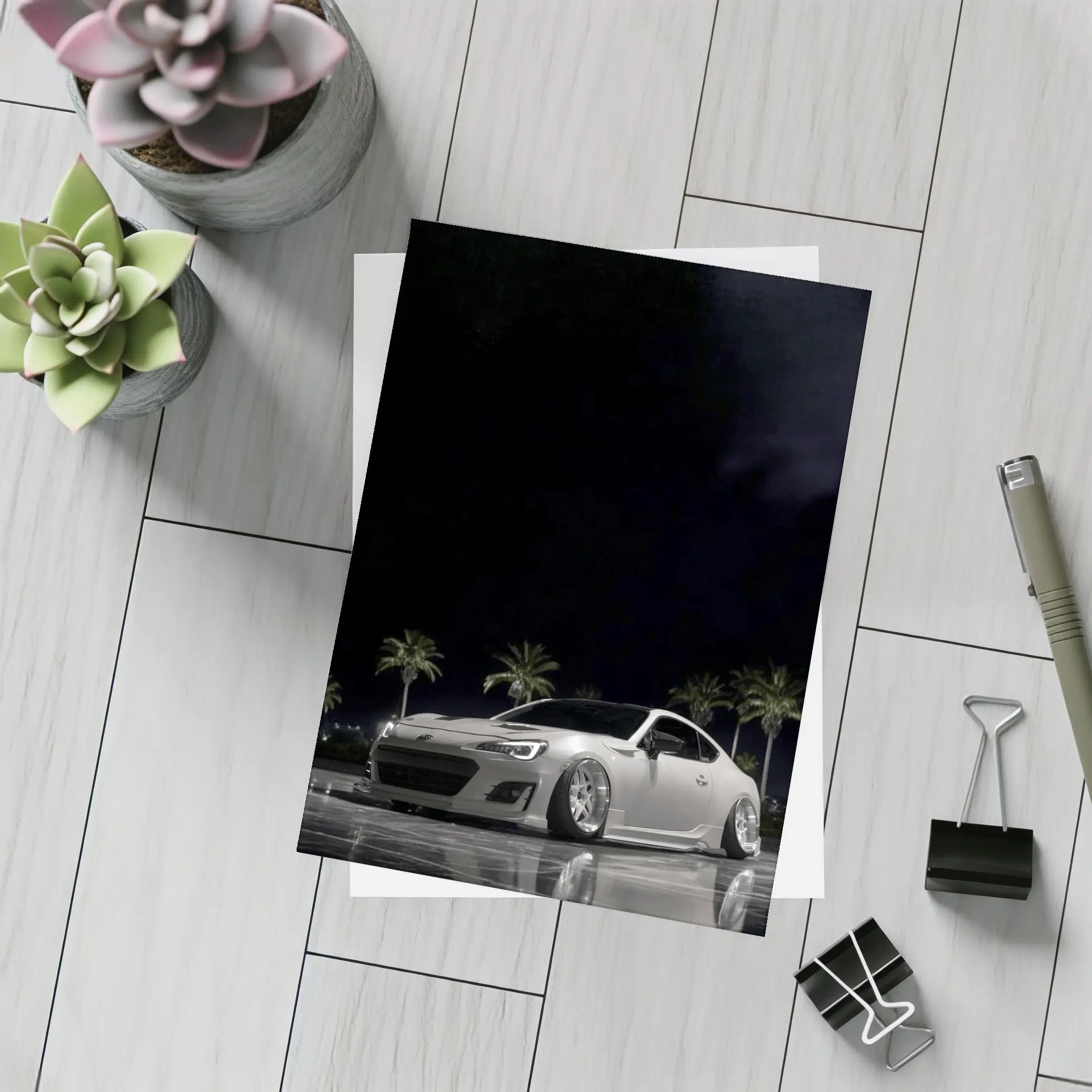 Subaru BRZ Slammed White Night Palm Trees – Postcards