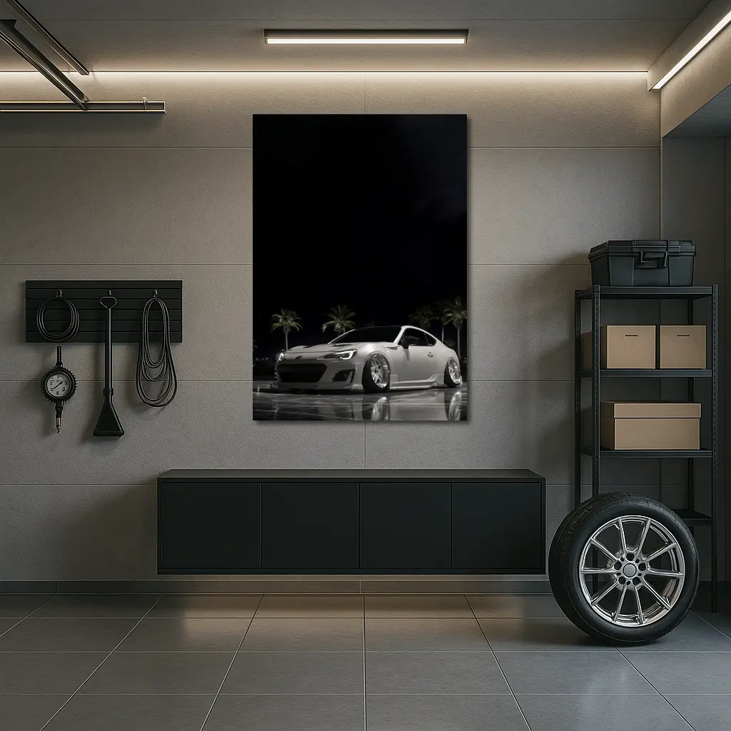 Subaru BRZ Slammed White Night Palm Trees – Wall Art