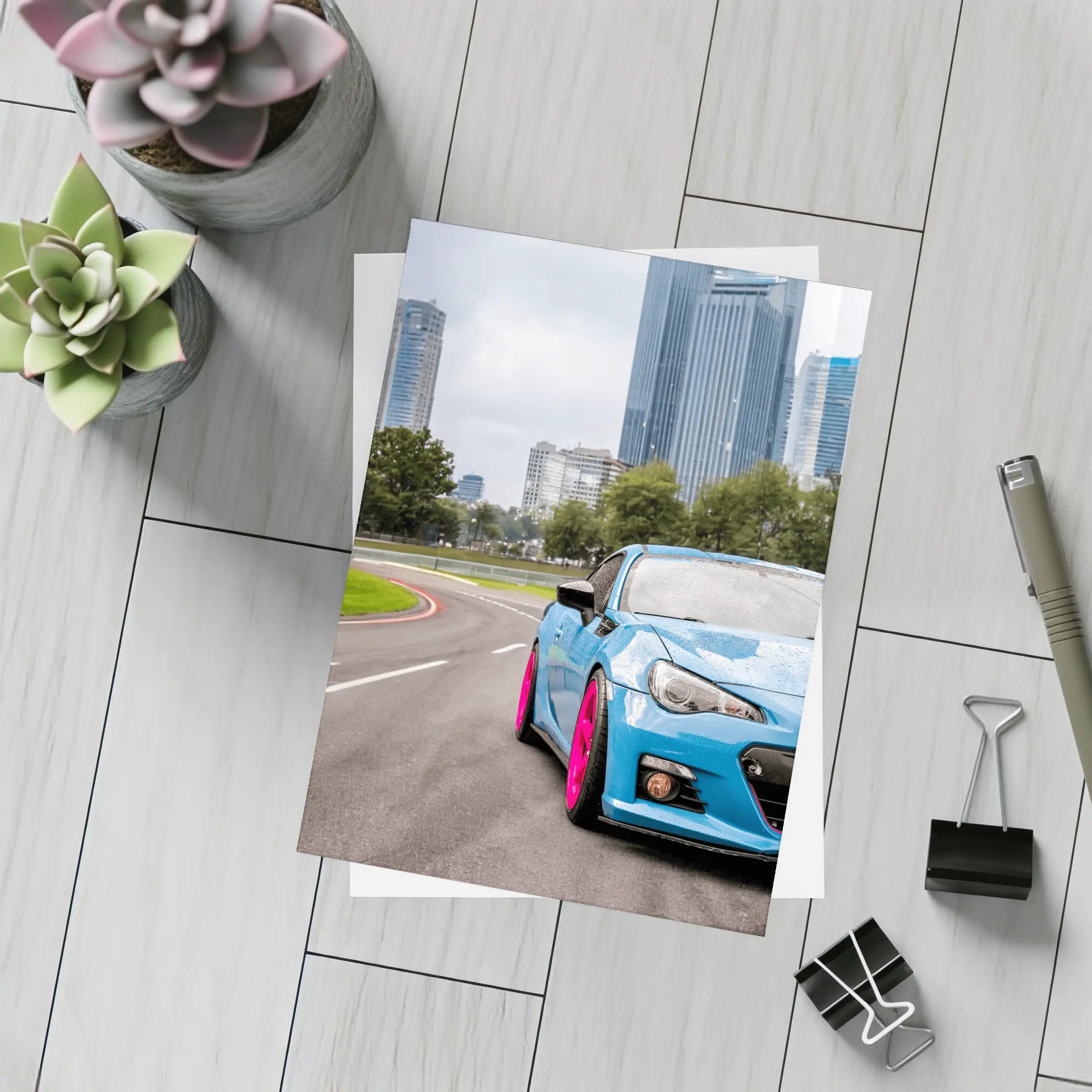 Subaru BRZ Blue Pink Wheels City Street – Postcards