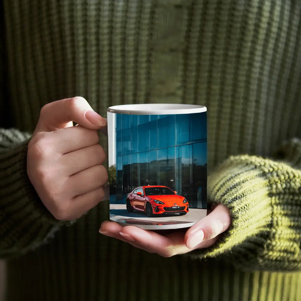 Subaru BRZ Red Sports Car Glass Building – Mugs