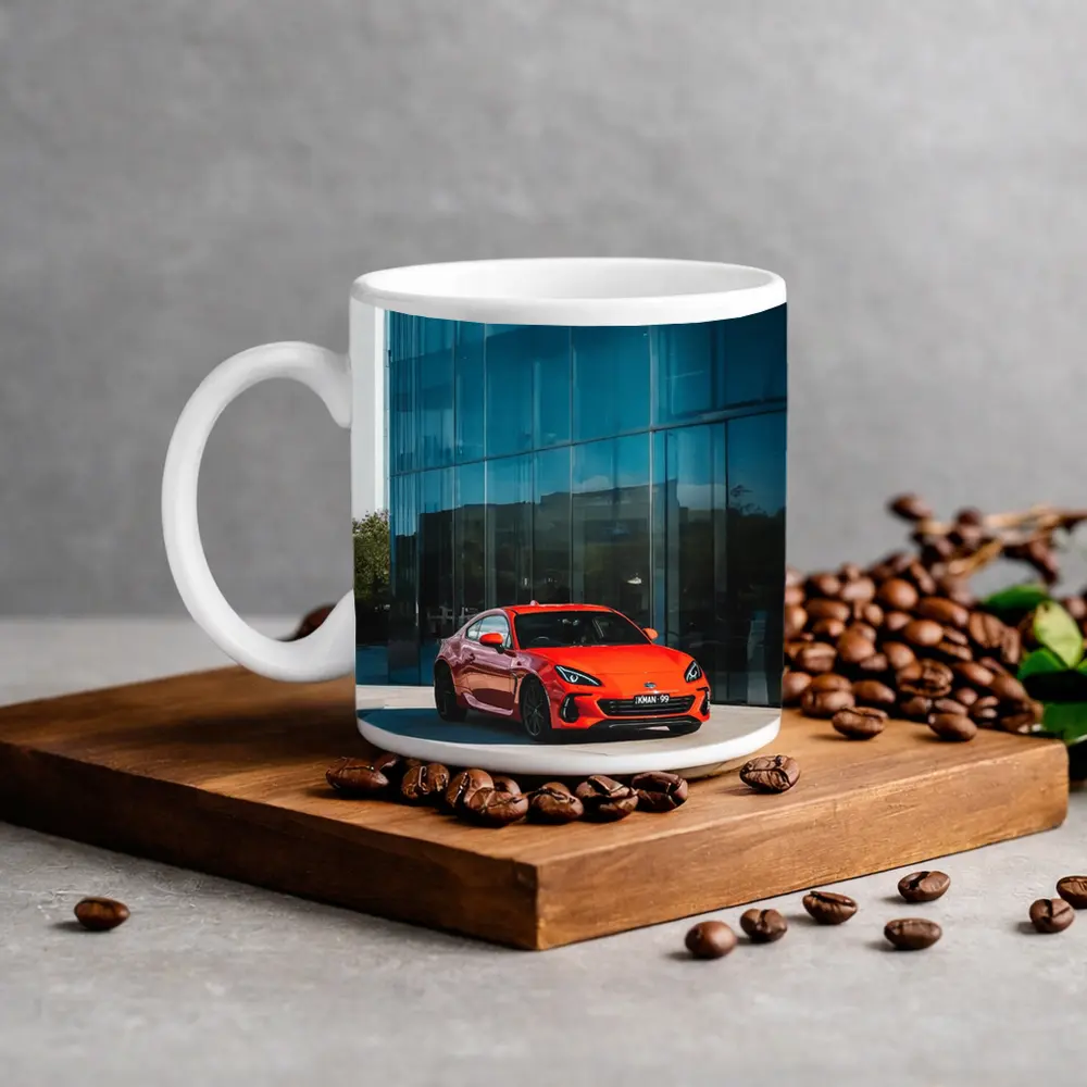 Subaru BRZ Red Sports Car Glass Building – Mugs