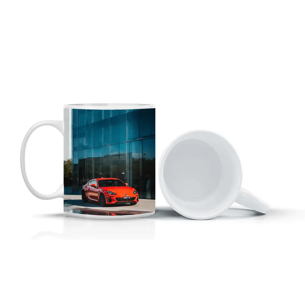 Subaru BRZ Red Sports Car Glass Building – Mugs