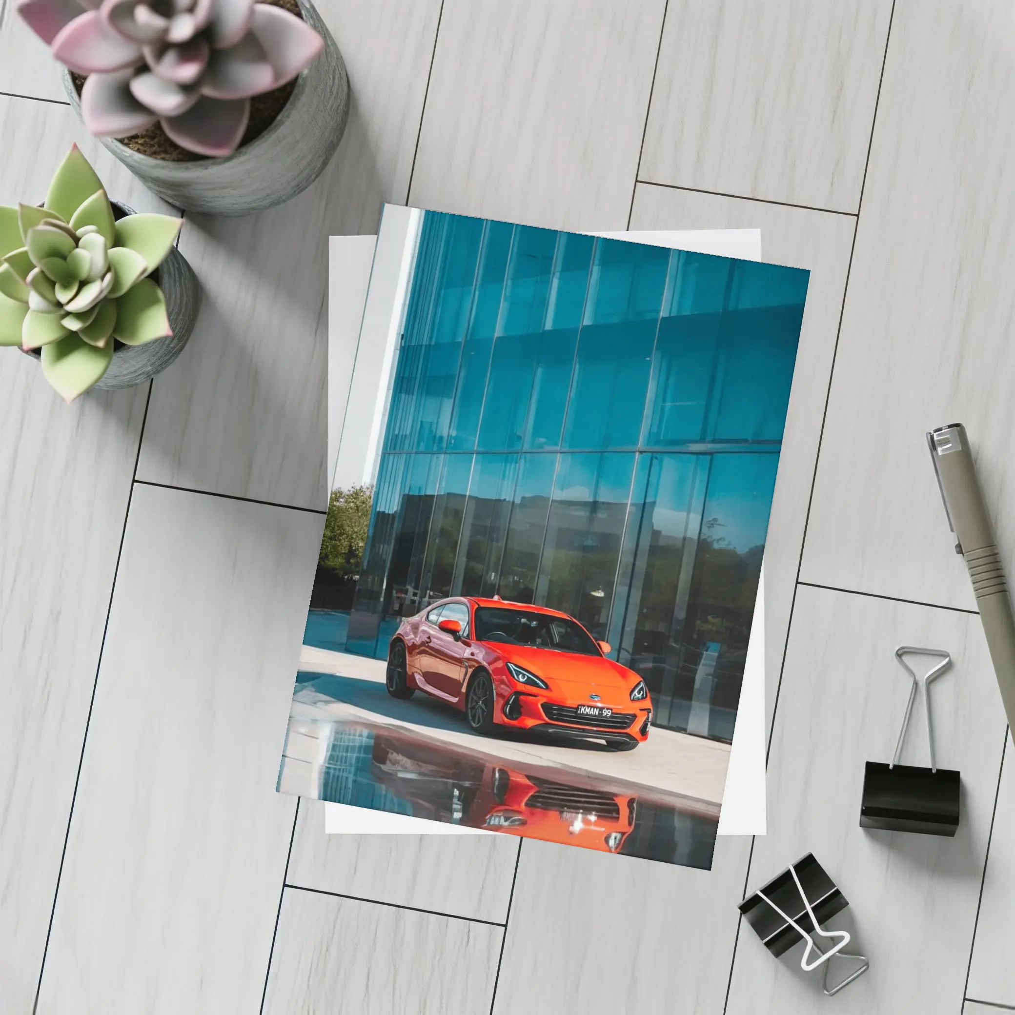 Subaru BRZ Red Sports Car Glass Building – Postcards