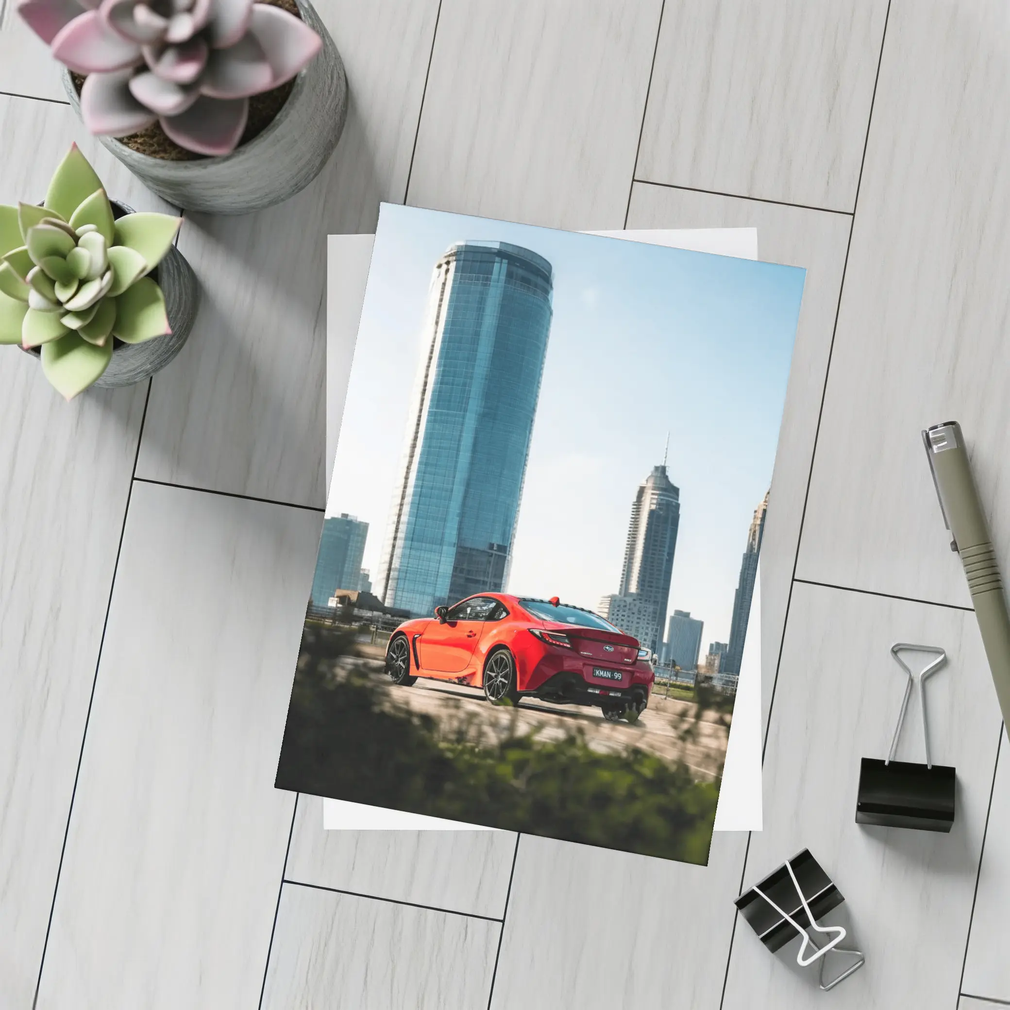 Subaru BRZ Red Sports Car City Skyline – Postcards