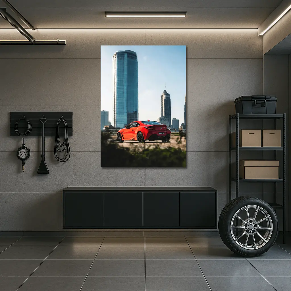 Subaru BRZ Red Sports Car City Skyline – Wall Art