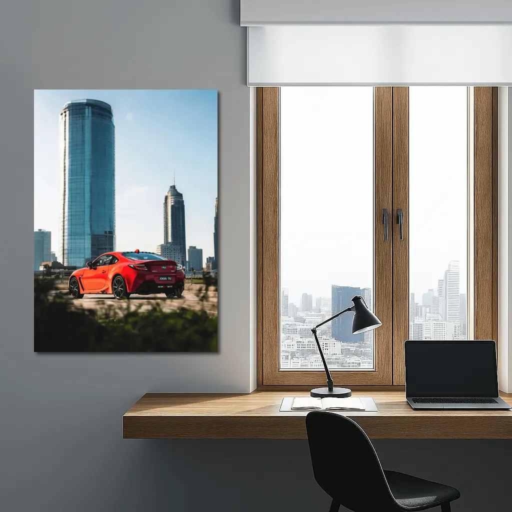 Subaru BRZ Red Sports Car City Skyline – Wall Art