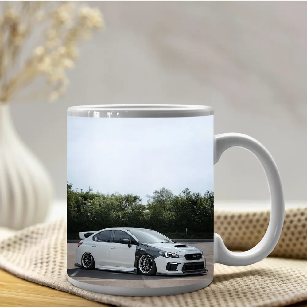 Subaru WRX STI Slammed White Parking Lot – Mugs