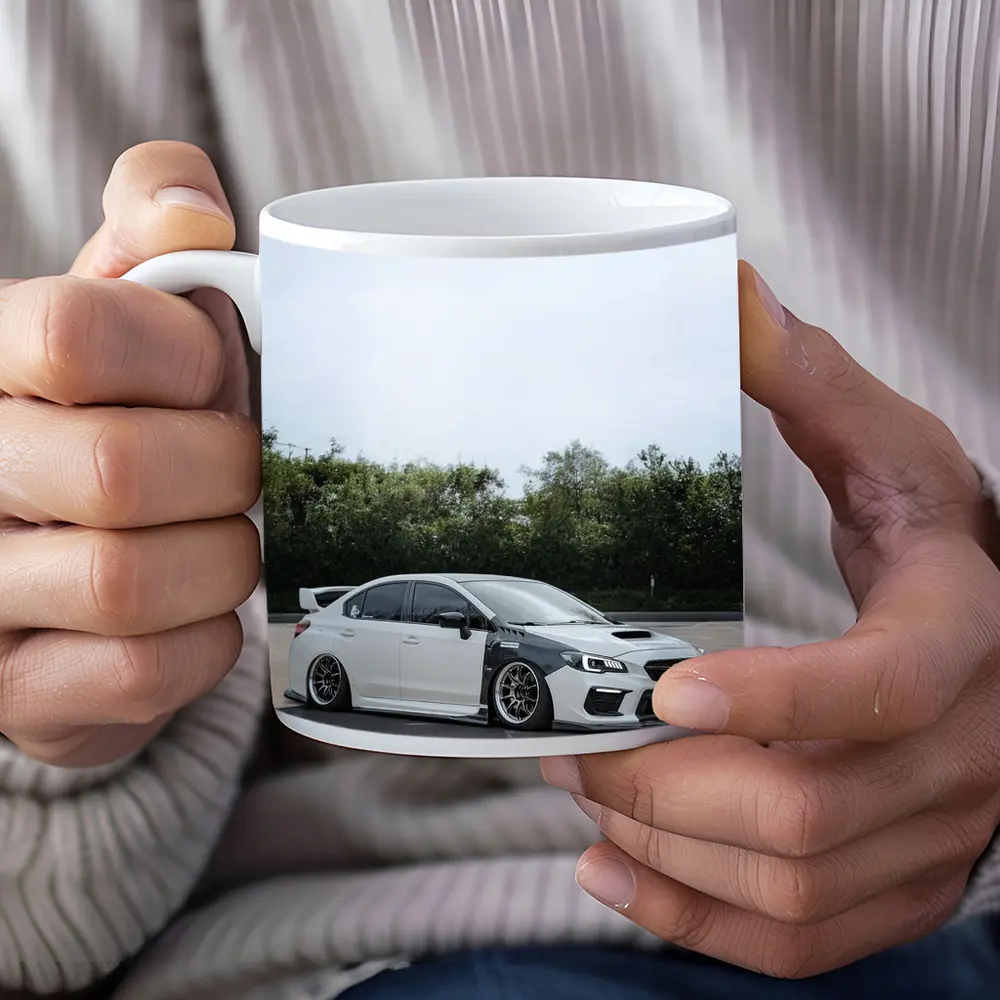 Subaru WRX STI Slammed White Parking Lot – Mugs