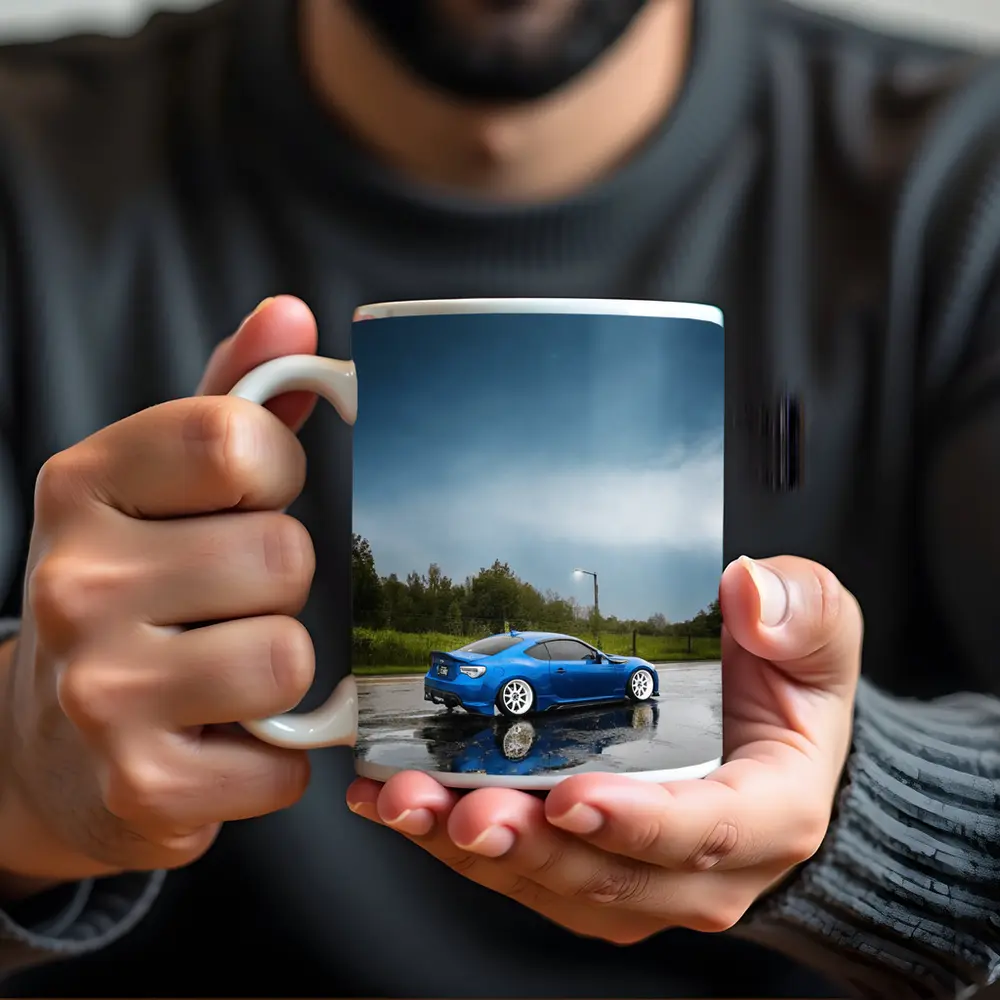 Subaru BRZ Blue Wet Rainy Street – Mugs