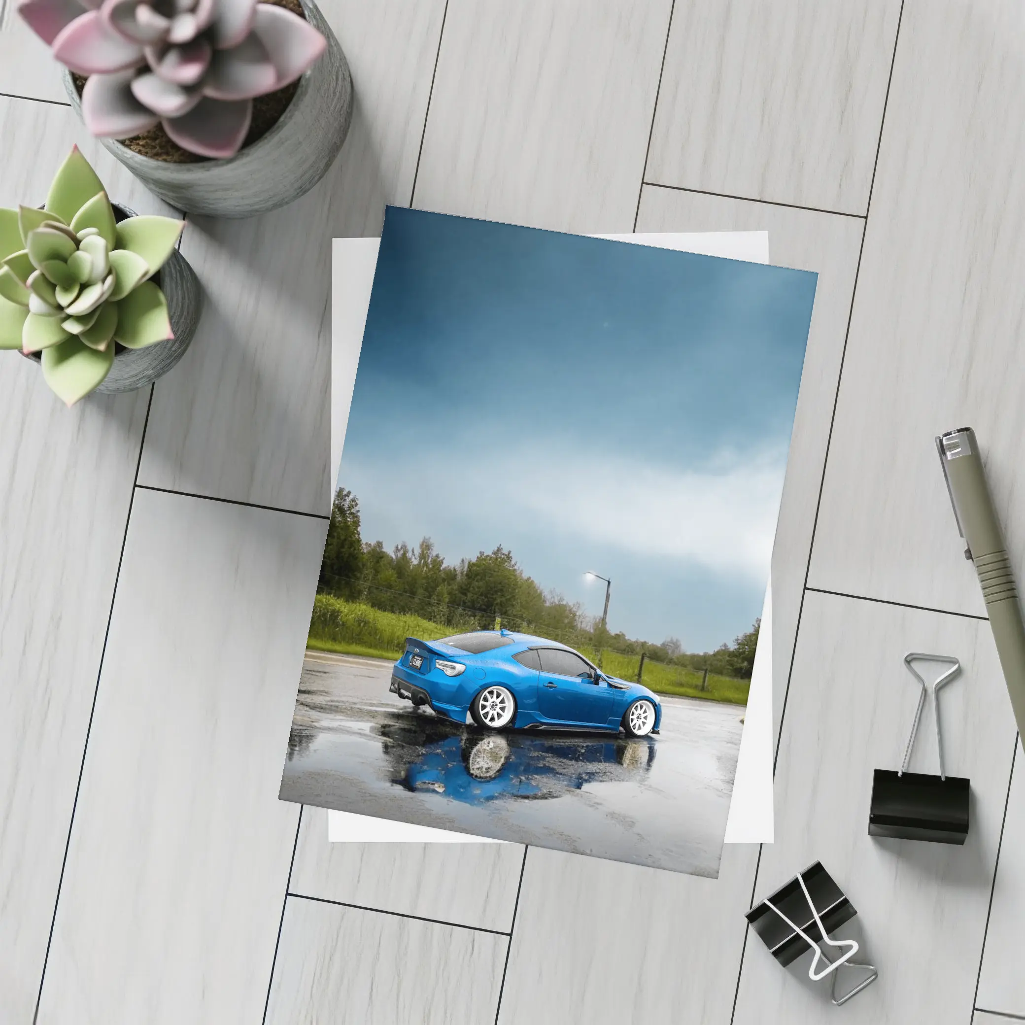 Subaru BRZ Blue Wet Rainy Street – Postcards